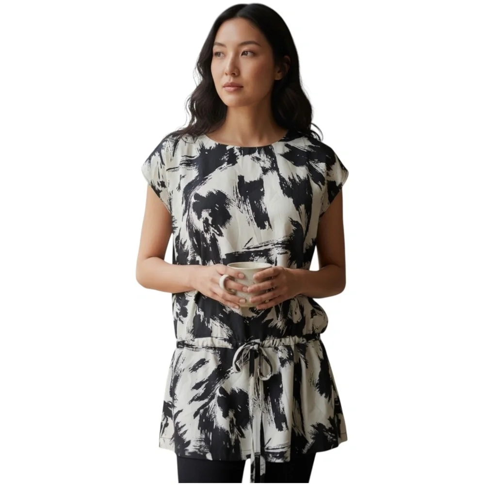 The Limited black cream dress cinch tie waist brush stroke tunic dress XS - Picture 2 of 14